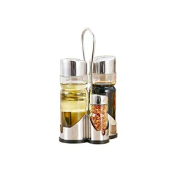 Seasoning Bottle Set Condiment Holder Seasoning Rack Four-in-One Shakers Glass Cruet Set with Caddy Stand Stainless Steel Tops