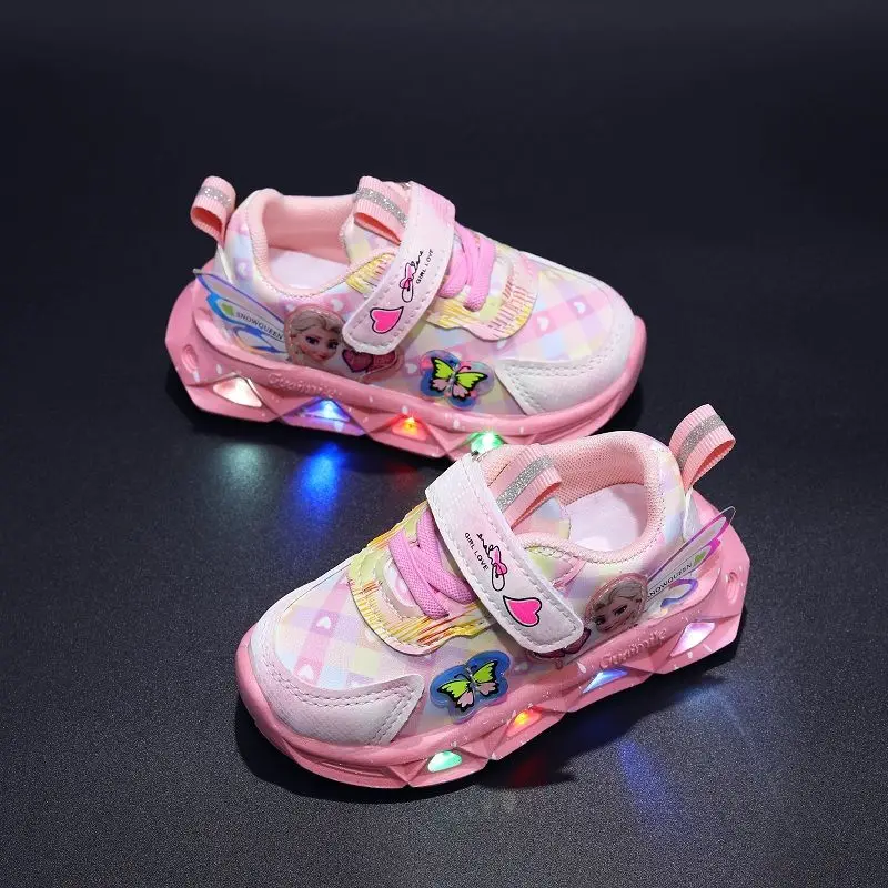 Sepatu kulit Pu anak perempuan, sneaker kasual LED Disney, untuk musim semi, Elsa, motif Putri, Pu, ringan, anti selip, merah muda, ungu