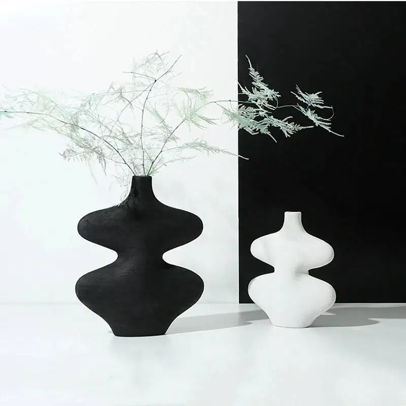 White Ceramic Vase Geometric Shape Calabash Black and White Crafts Flower Arrangement Home Decoration Accessories Vases Pots