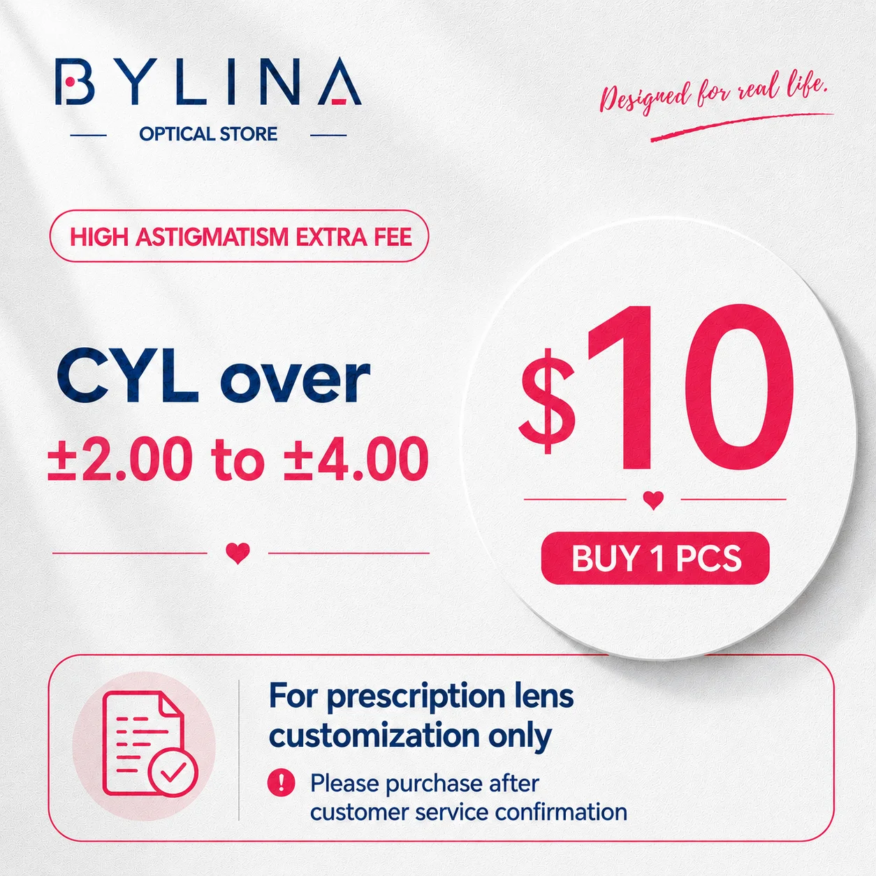 High Astigmatism Customization Fee for Prescription Lenses CYL Extra Fee Customer Service Only