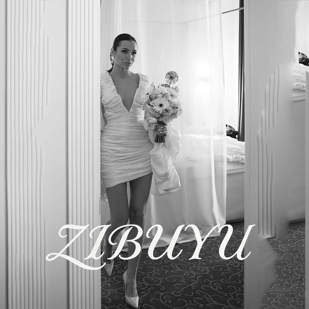 

ZIBUYU Customized Modern Elegant Wedding Dress 2026 Simple Satin Deep V Neck Puff Sleeves Ruched Mini Dress Mini Bridal Gowns