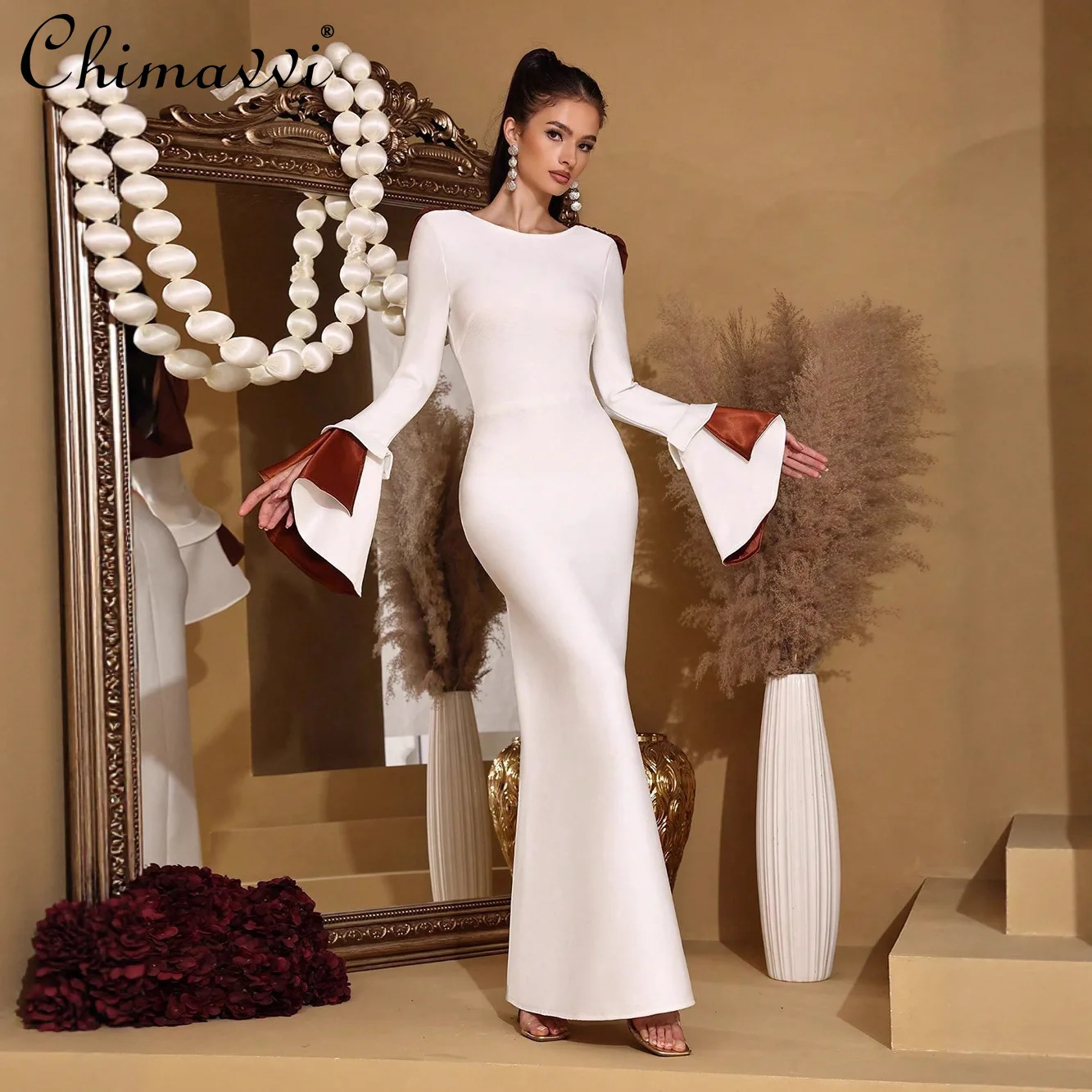 American Style Elegant Fashion Sexy Bandage Dress Patchwork Long Sleeve High Waist Slim Bodycon White Long Evening Dress Women