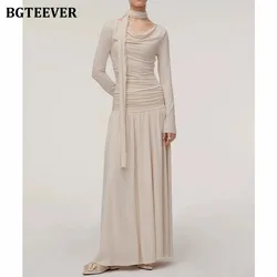 BGTEEVER Elegant Slim Waist Female Knitted Long Dress Long Sleeve Swinging Collar Women A-line Dress