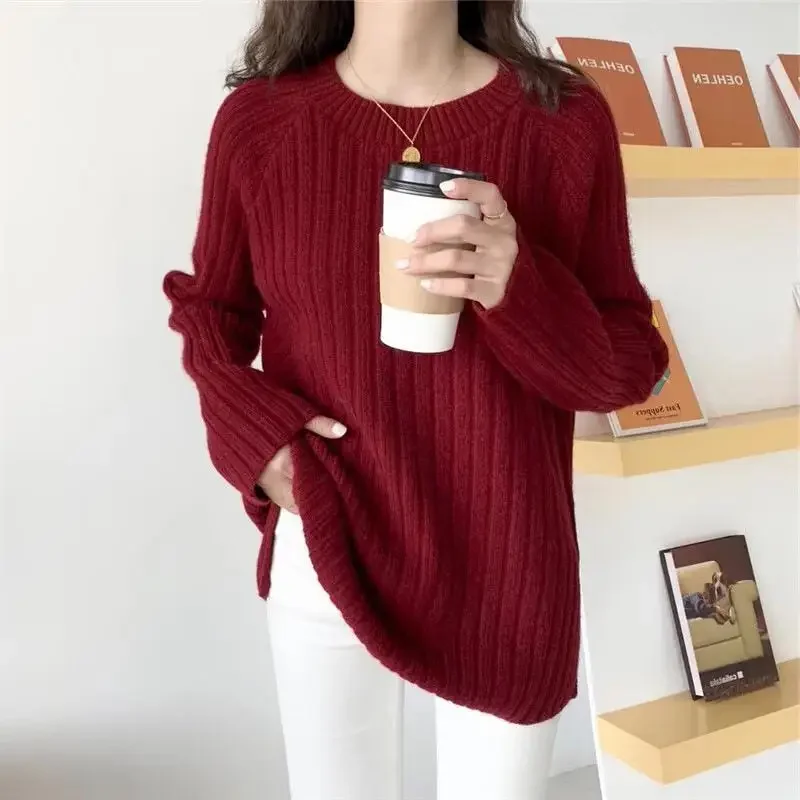 Autumn Winter Women Sweater Sweet Fashion Lazy Wind O-Neck Solid Screw Thread Loose Thicken Loog Sleeve Pullovers Knitted Tops