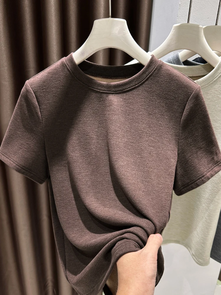 

Утепленная бархатная футболка с круглым вырезом и уникальным дизайном «Русалка» для женщин, осенне-зимняя, теплая, базовая, с коротким рукавом