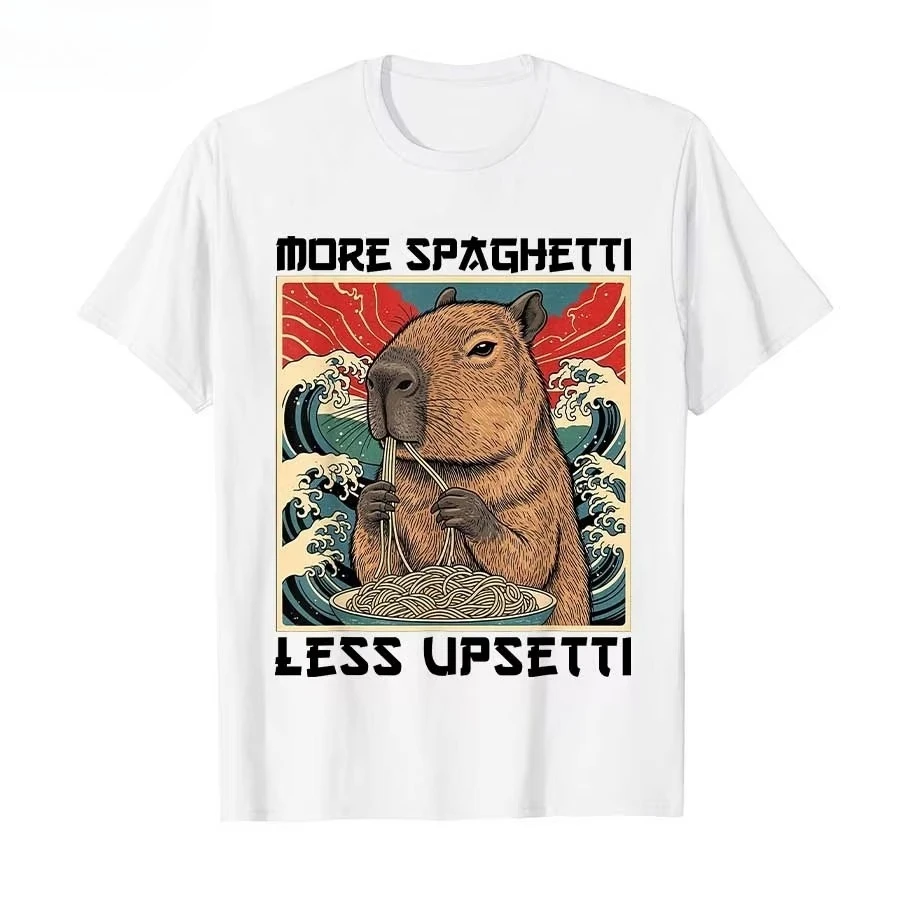 More Spaghetti Less Upsetti Capybara Kawaii Anime Japanese T-shirt For Men Women 100% Cotton T Shirts Short Sleeve Tops