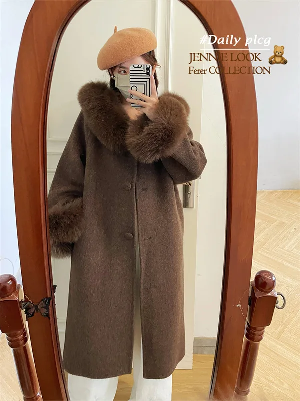 Women's Autumn Winter Elegant Fox Fur Collar Cuffs Loos Long Wool Coat Lady Streetwear Single Breasted Loose Wool Outwear Top