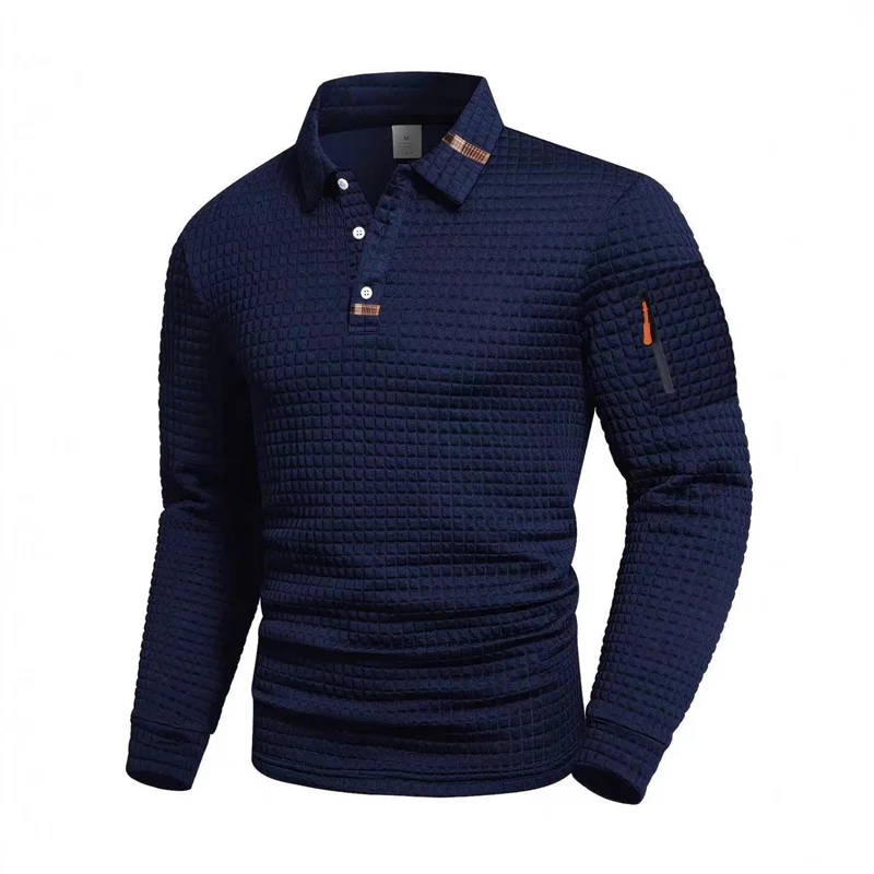 Men's long-sleeved polo shirt, available in 5 colors, suitable for spring and autumn. White collar, button design, zipper detail