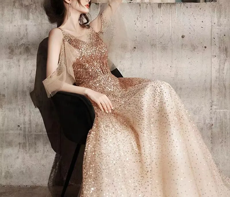 Vestido De Noche De lentejuelas doradas para mujer, elegante vestido De encaje con cuello redondo, corte en A, largo hasta el suelo, brillante, para fiesta De graduación