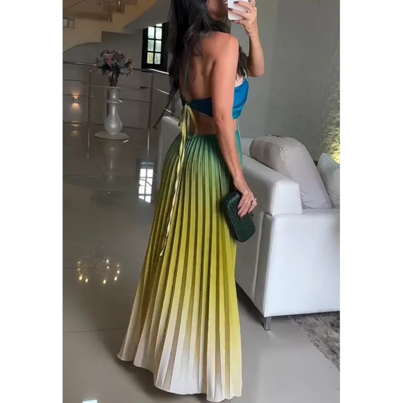 

Sexy Backless Dresses For Women Fashion Gradient Color Casual Back Lace Up Summer Vacation Pleated Dress New Fashion 2025 Summer