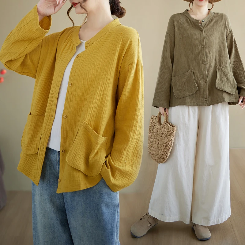 

Women's Loose Long Sve Cotton irt Jaet Double Layer ket Design Casual Outerwear Top Spring Autumn Winter Size plus