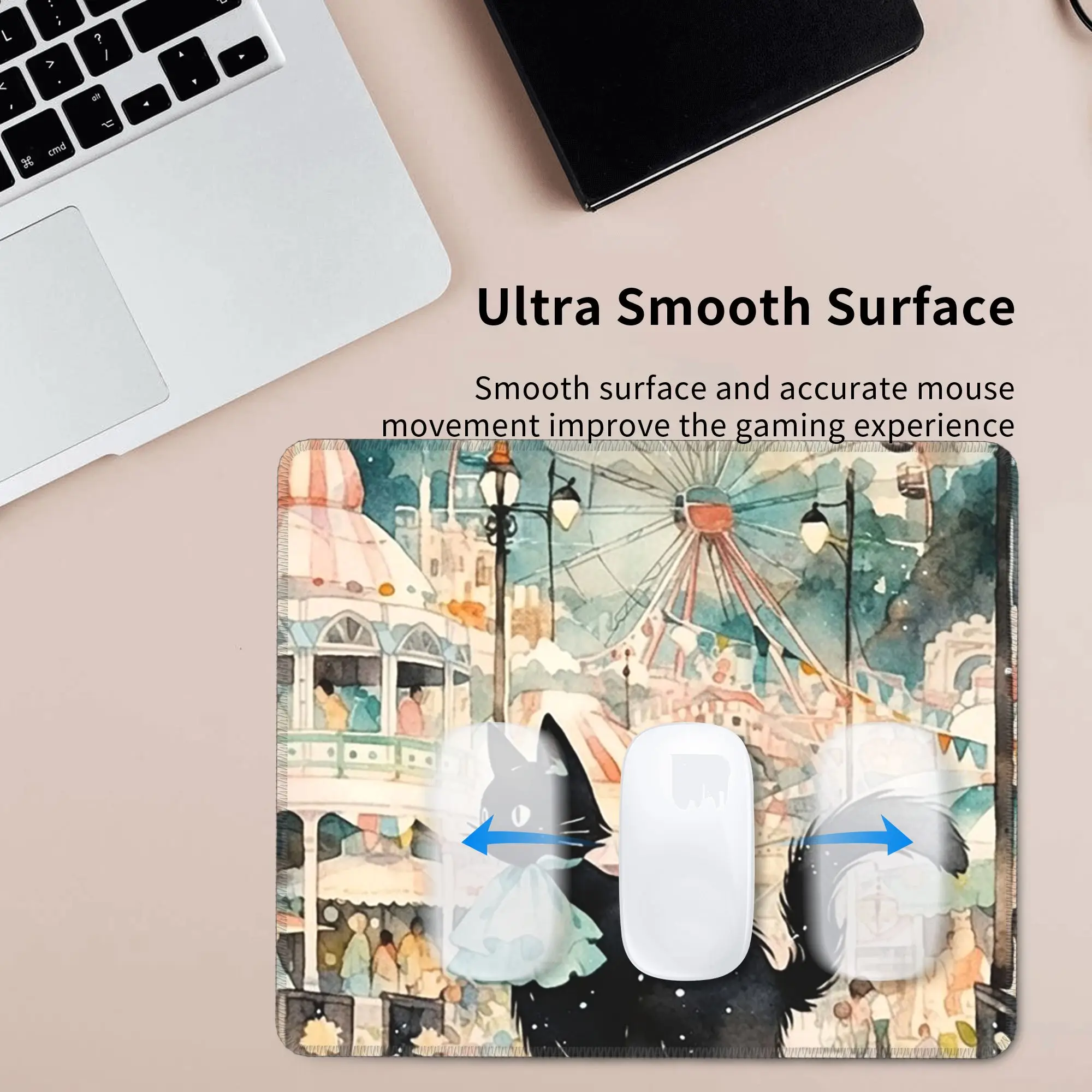 Anime Cat Strolling in Dreamy City Mouse Pad Computer Keyboard Mouse Mat Gaming PC Laptop Desk Mat Office Accessories Table Mats