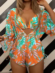 Maillot de bain imprimé tropical pour femme, bikini 3 pièces, licou, proximité, wstring, côté, maillots de bain femme, maillots de bain trempés, vêtements de plage d'été, 2024