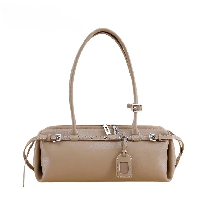 

Дизайнерская высококачественная коровья кожа, горизонтальная сумка для боулинга, нишевая универсальная сумка для отдыха цвета каки, роскошная женская сумка с длинной ручкой