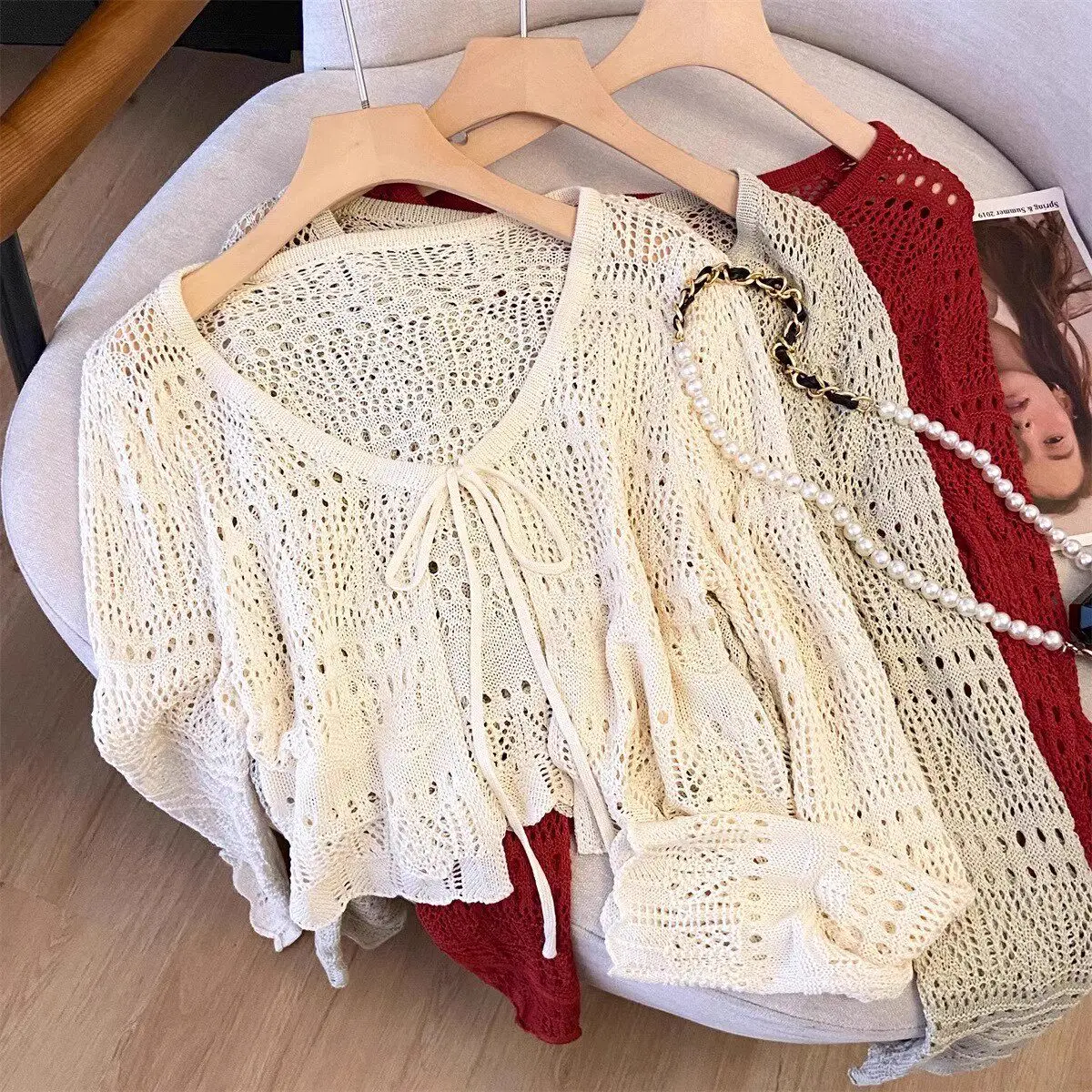 

White Lace Hollow Knitted Sun Protection Long Sleeve Ice Silk Top Women's Summer Outerwear Cardigan Shoulder Wrap Korean Style