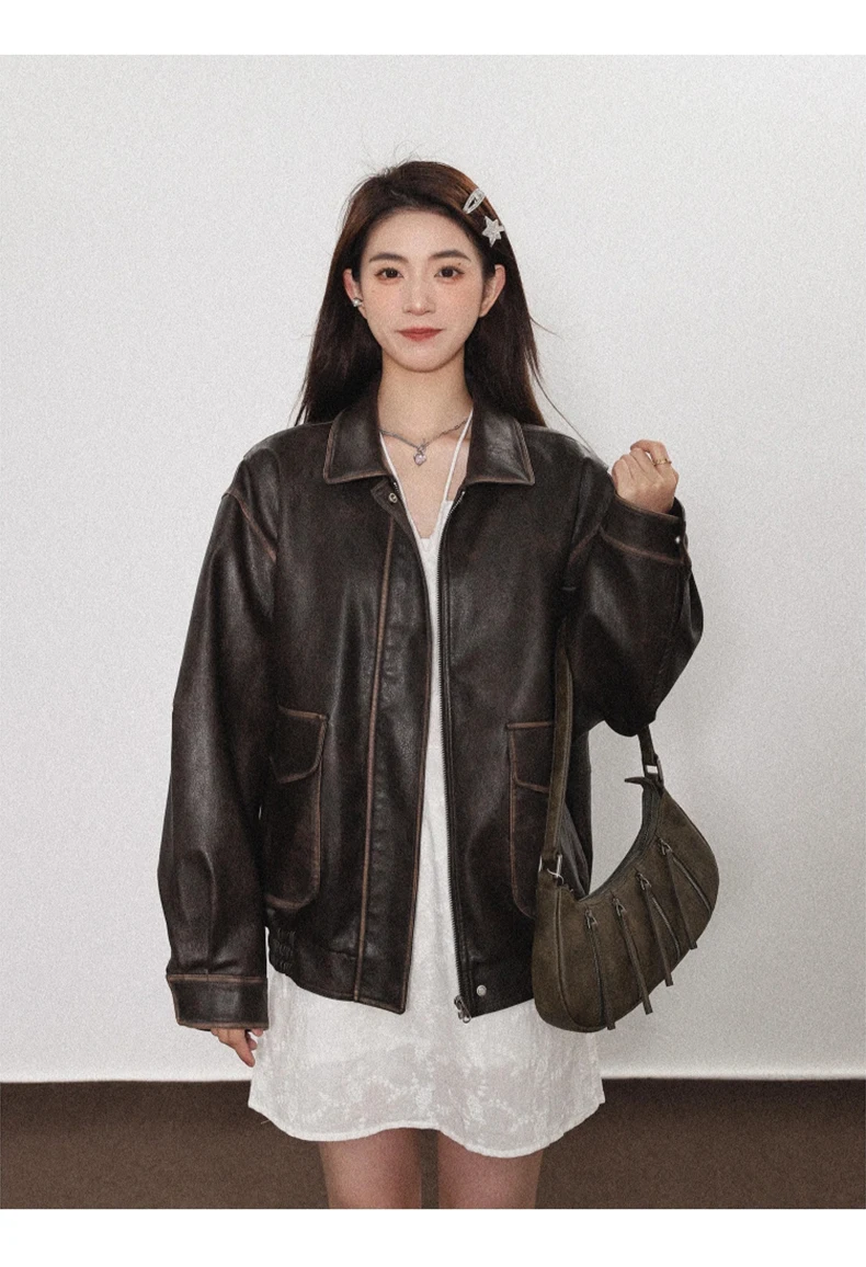Lautaro Spring Autumn Cool Handsome Soft Vintage Distressed Brown Pu Leather Jacket Women Long Sleeve Luxury Designer Clothing