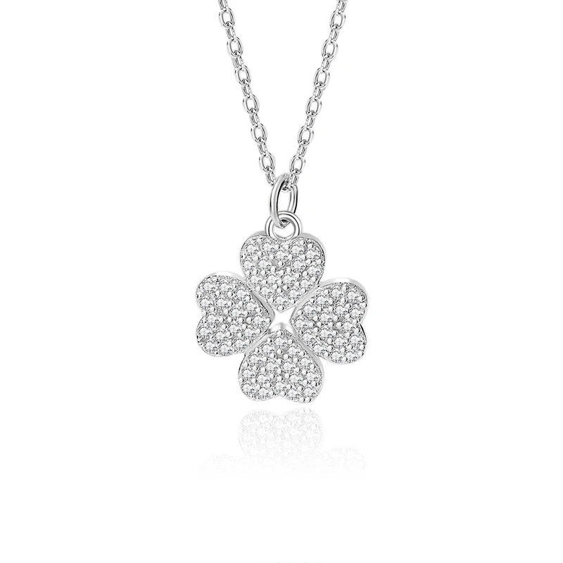 S925 Sterling Silver Full Diamond Heart Clover Necklace For Women Comfortable 45cm Chain Zircon Sweet Pendant Fine Jewelry Gift