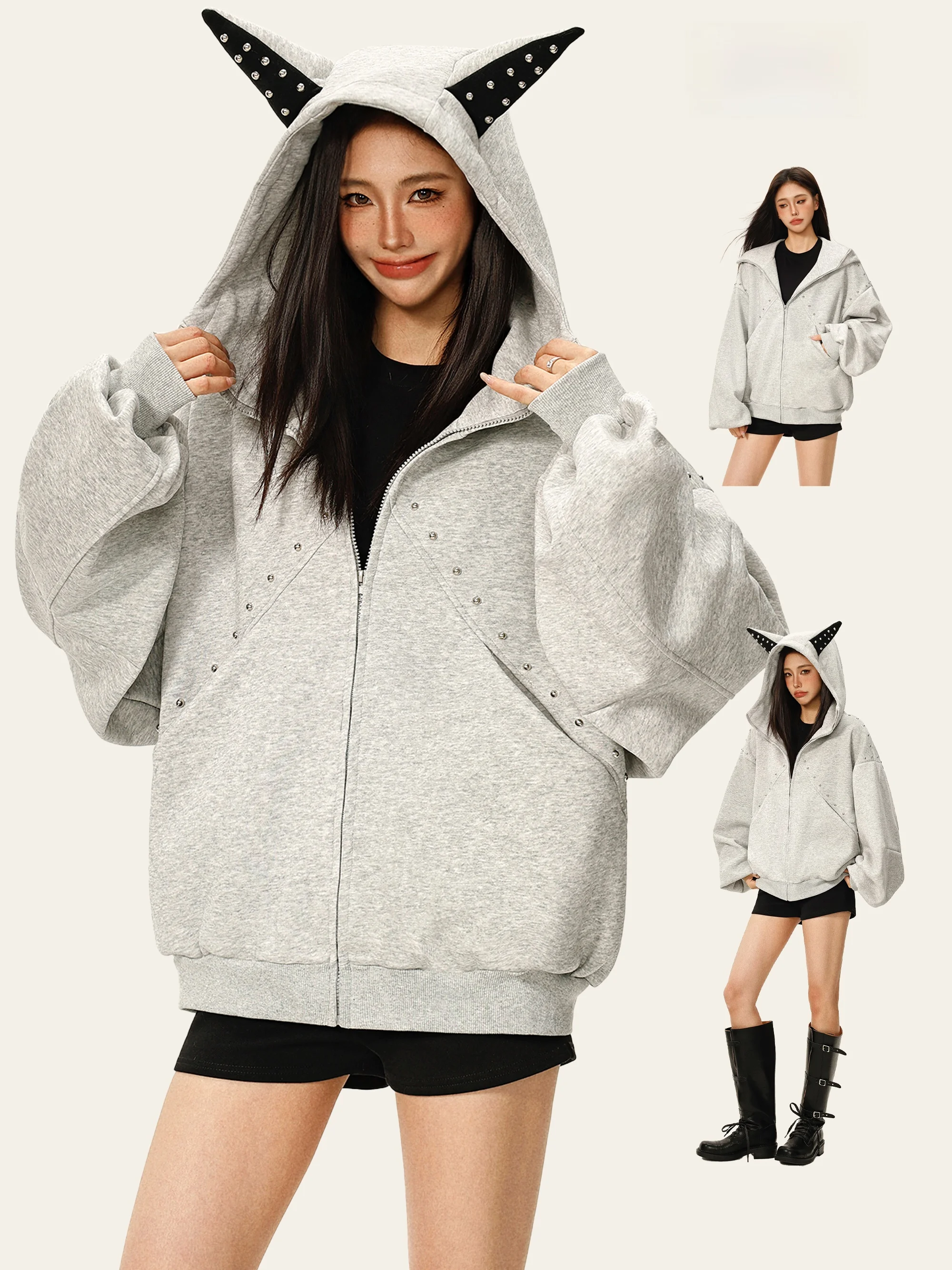 

LmziHei American Sle ey Hoodie Jaet Women Early Spring Rivet Doberman Ears Open Cardigan Top Loose Fit Long Sve