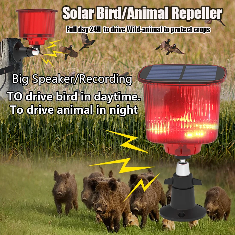 Repelente Solar de aves/animales para proteger cultivos, 13 efectos de sonido de conducción integrados, carga Solar IP55, resistente al agua
