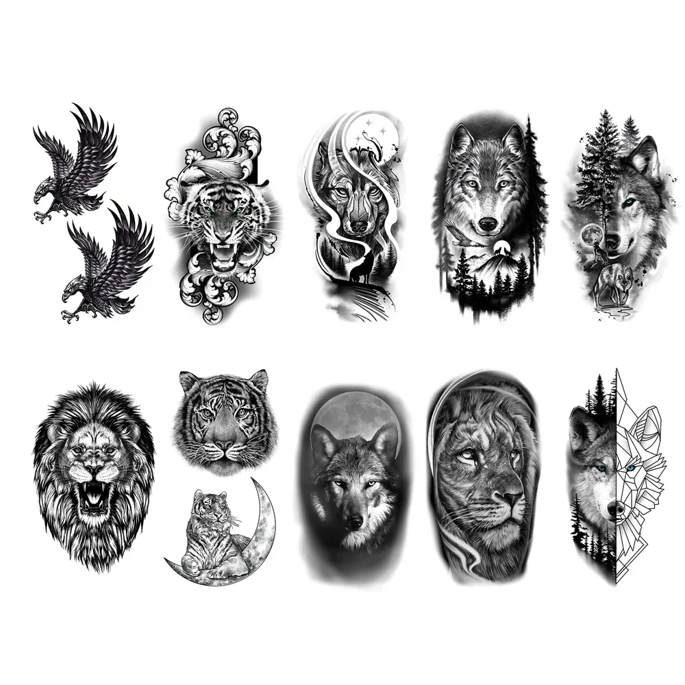 10pcs Waterproof Temporary Tattoo Sticker Dark Wolf Lion Tiger Eagle Snake Deer Skeleton Scorpion Body Art Arm Tattoo Women Men