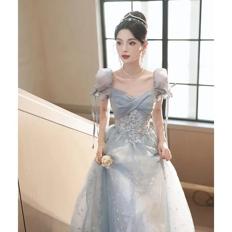 Blue Evening Dress Square Collar Prom Sequins Lace Up A-Line Short Sleeves New Banquet Long Style Party Slim Waist Formal Dress