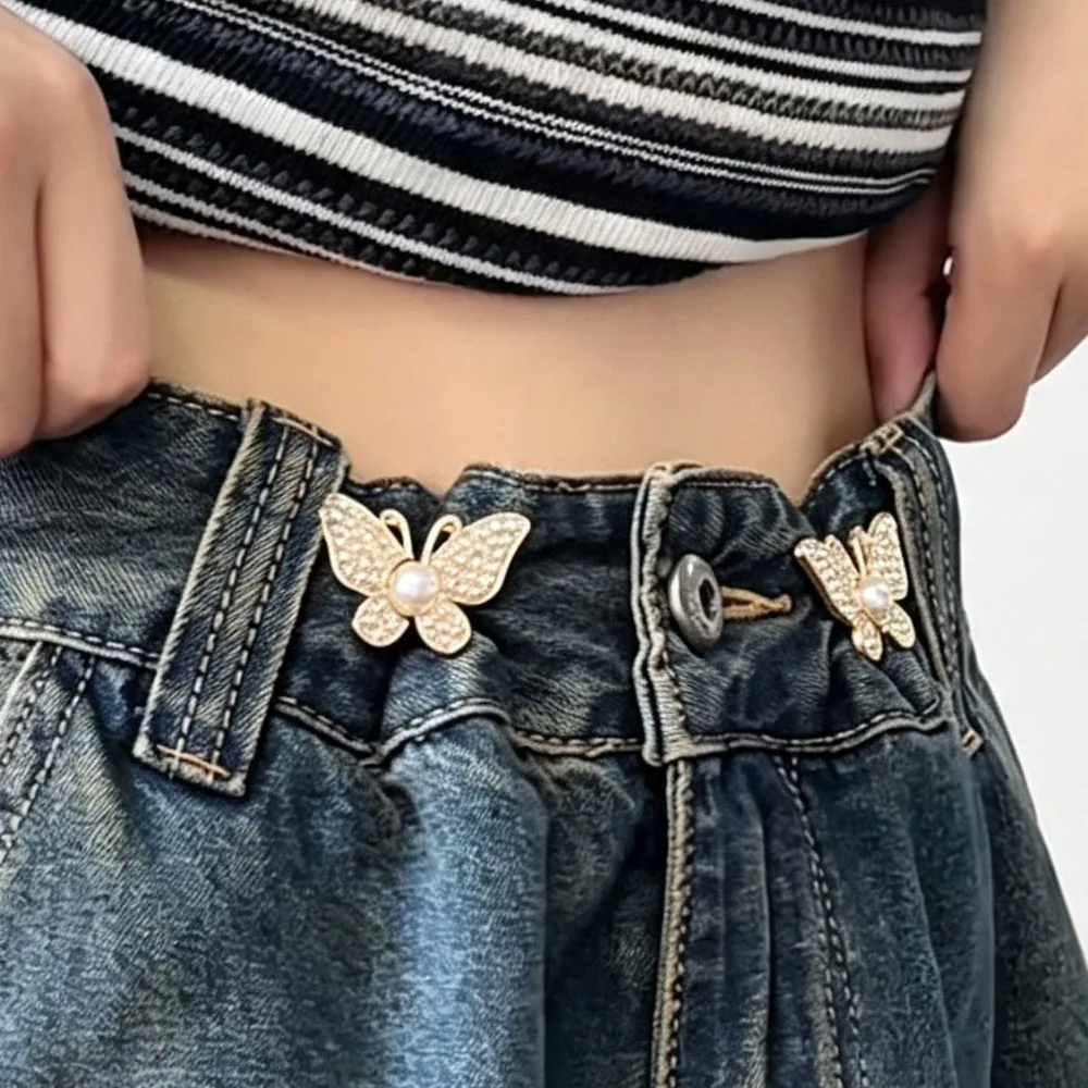 Rhinestone Butterfly Adjustable Waist Tightener Clips Snap Button Adjuster for Jeans Pants Skir