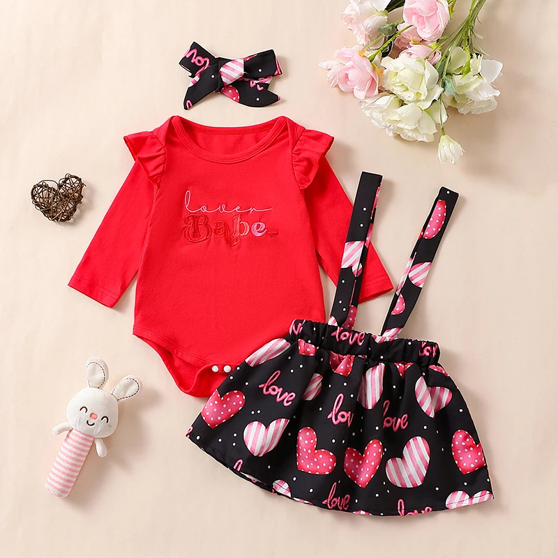 0-18M Baby Girl 3PCS Red Skirt Suit Long-Sleeved Letter Printed Jumpsuit Top Heart-Shaped Printed Suspender Skirt Headband Set