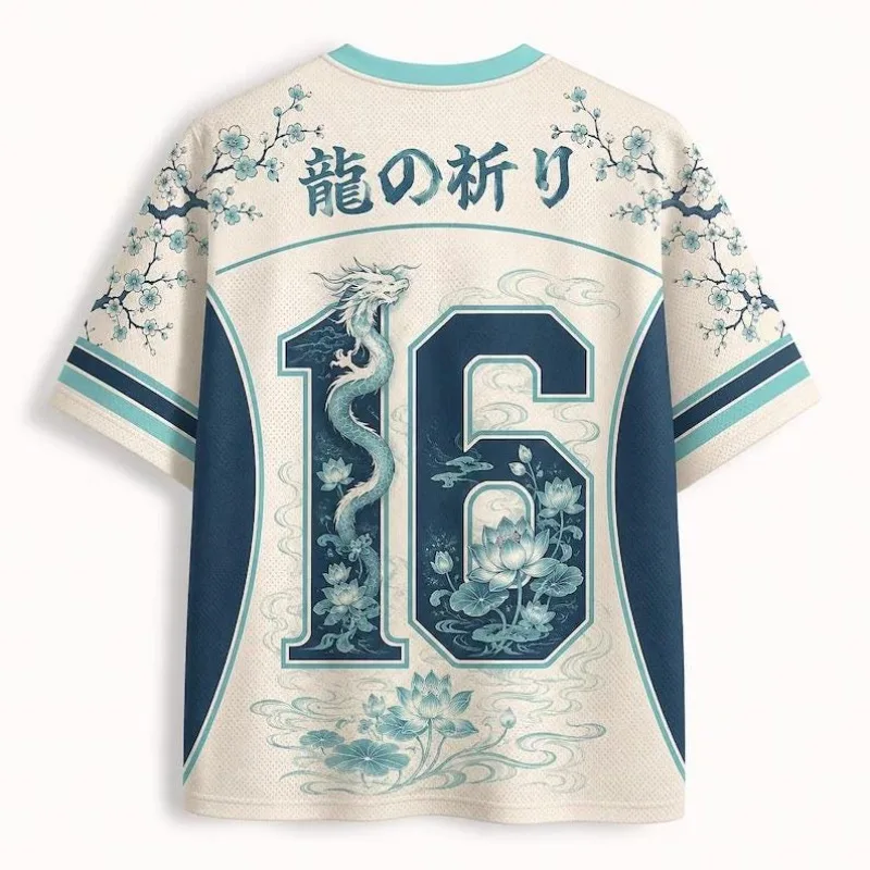 Chinese Azure Dragon Lotus Jersey Vintage Oriental Floral Plum Blossom Print V‑Neck Color Block Short Sleeve Sports Tee Top
