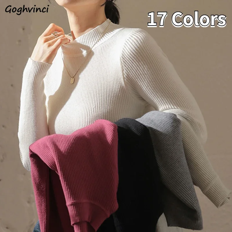 

17 Colors Pullovers Women Mock Neck Pure Minimalist Ladies Sweaters Autumn Elegant Korean Style Fashion All-match Свитер Ropa