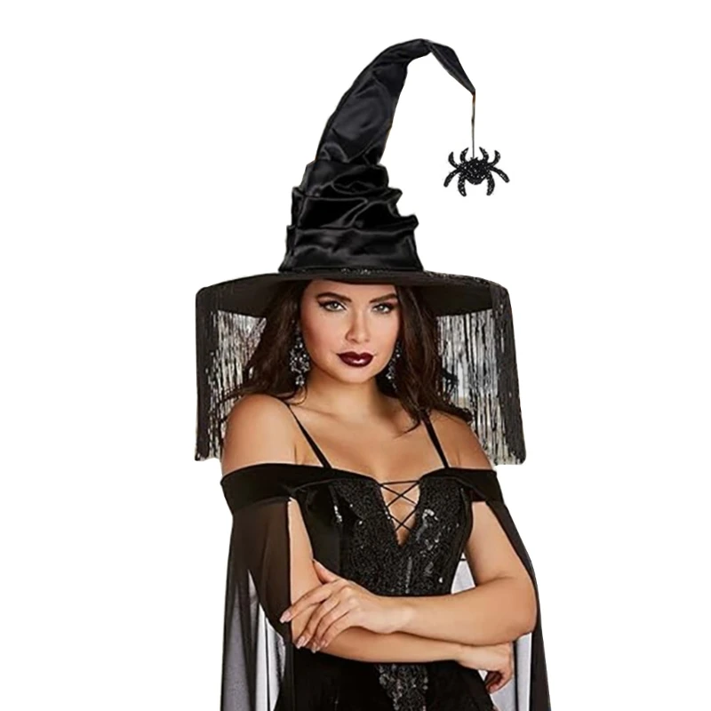 Black Witch Hat for Halloween Party Fringed Pleated Wizard Cosplay Costume Headwear Universal Carnival Party Hat