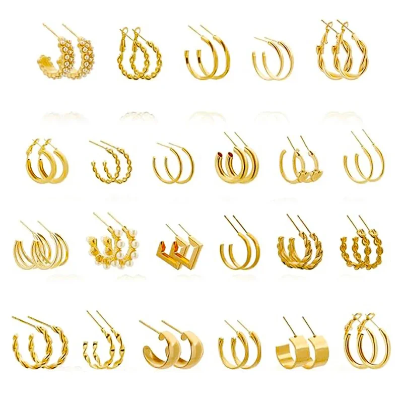 48PCS Golden Metal Hoop Earrings Set Multipack Trendy Silvery Chunky Earrings Jewelry Christmas Birthday Gift for Women