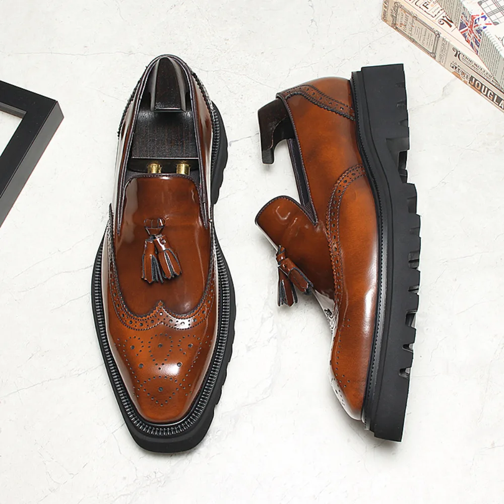 New Mens Business Formal Dress Shoes Genuine Leather Brogue Tassel Thick Sole Height Increasing Breathable Carved Loafers