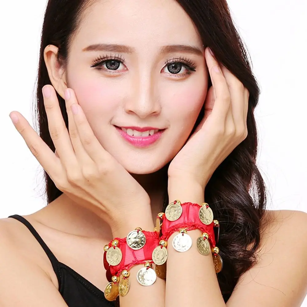 สร้อยข้อมือผู้หญิง1คู่สีทองผ้าชิฟฟ่อนสั่นข้อมือกำไลข้อมือเต้นรำหน้าท้อง