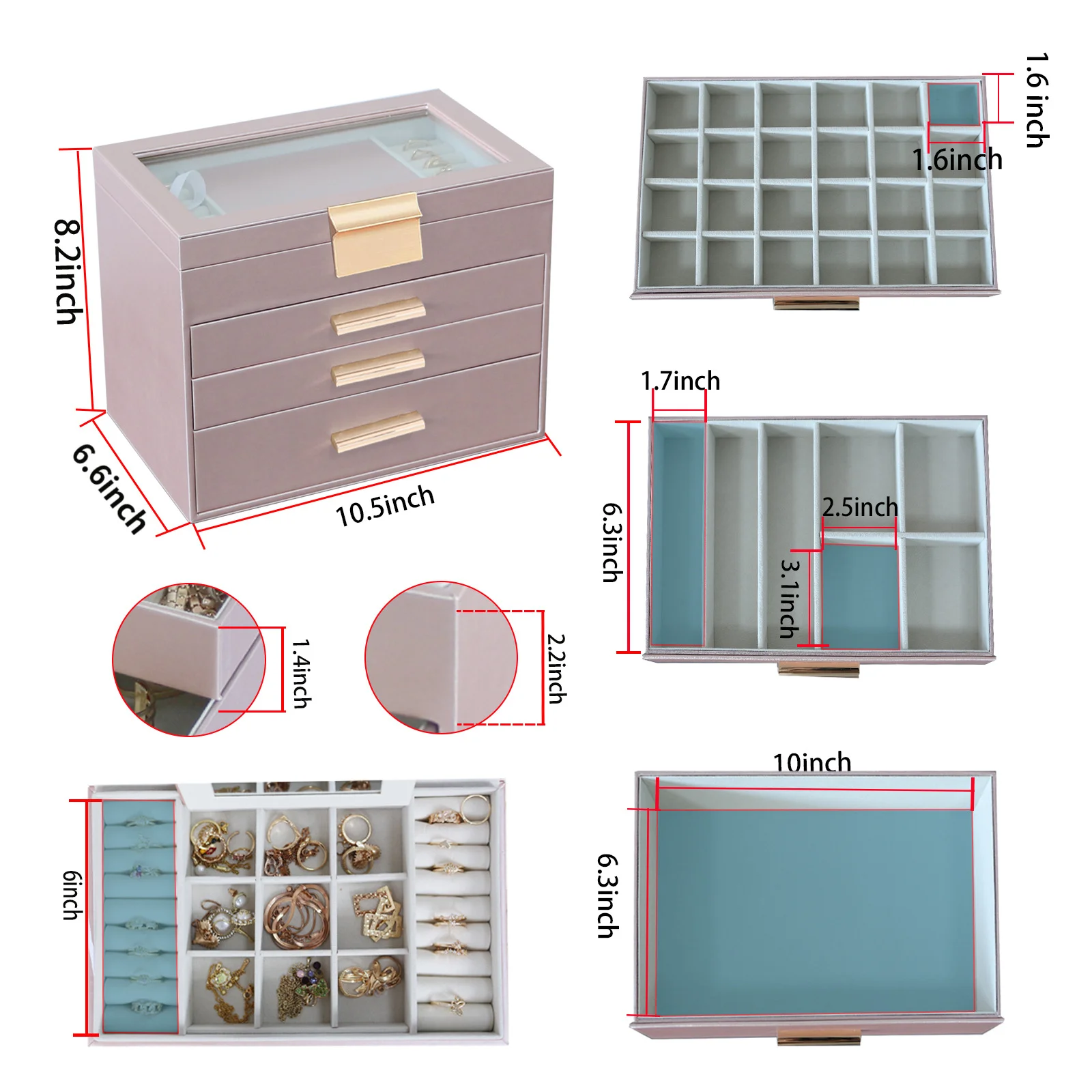 Velvet Jewelry Storage Box with 4 Drawers Clear Lid Organizer for Necklace Ring Bracelet Earring Display For Case