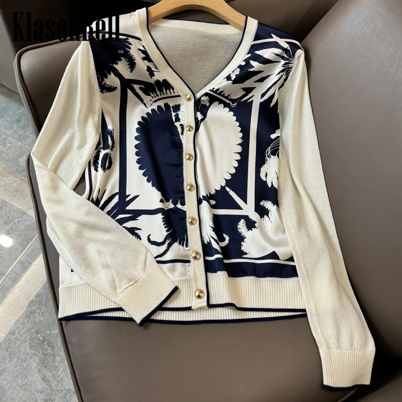 

4.15 KlasonBell Thin Comfortable Knitwear For Women Silk Contrast Color Print Spliced V-Neck Long Sleeve All-matches Cardigan