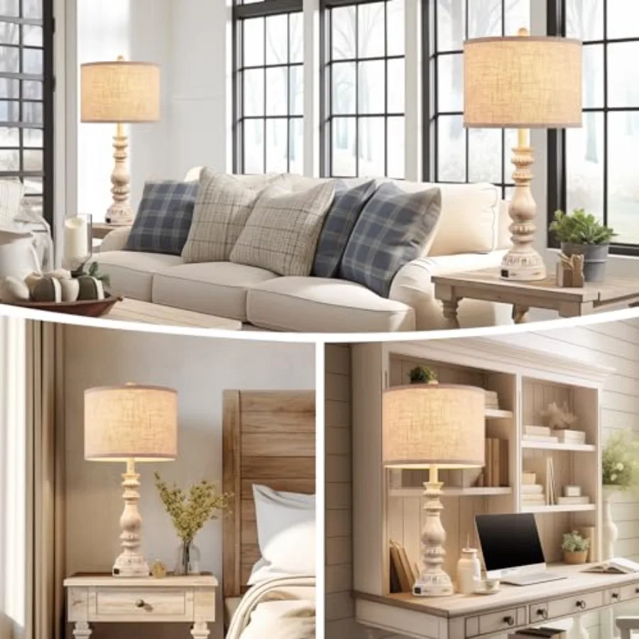 Farmhouse Bedside Lamps Set of 2 Bedroom Lamps for Nightstand with USB A+C Ports, 28