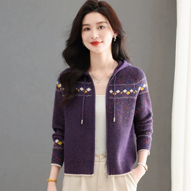 

Fashion Print cardigan Women Knit Crochet Long long-sleeved hooded sweater is loose 2025 Spring Autumn Women short Cardigan