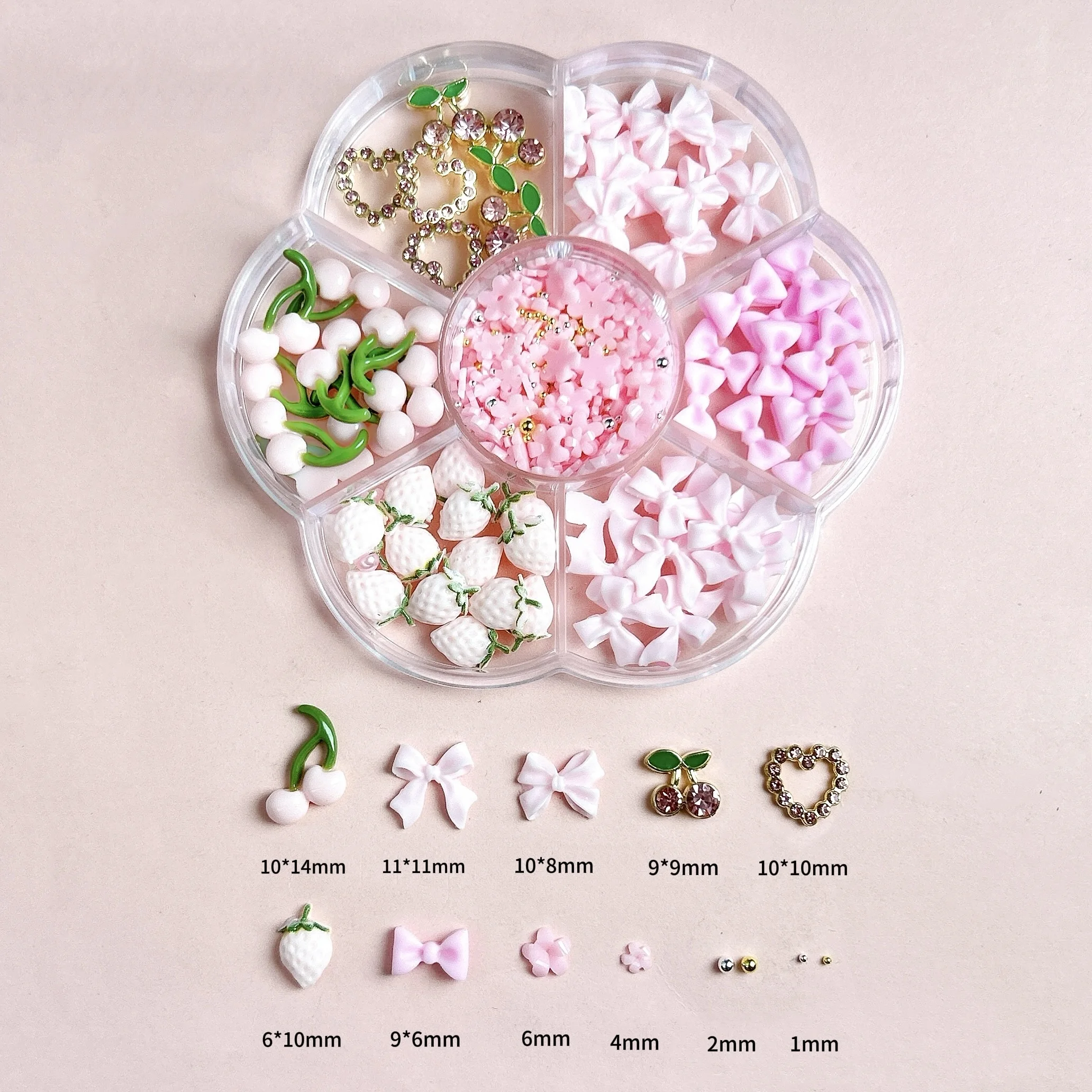 1Box 3D Hollowed-out Heart Alloy Nail Art Charms Creative Cherry Strawberry Mini Steel Ball Mixed Nail Decorations DIY Nail Sets