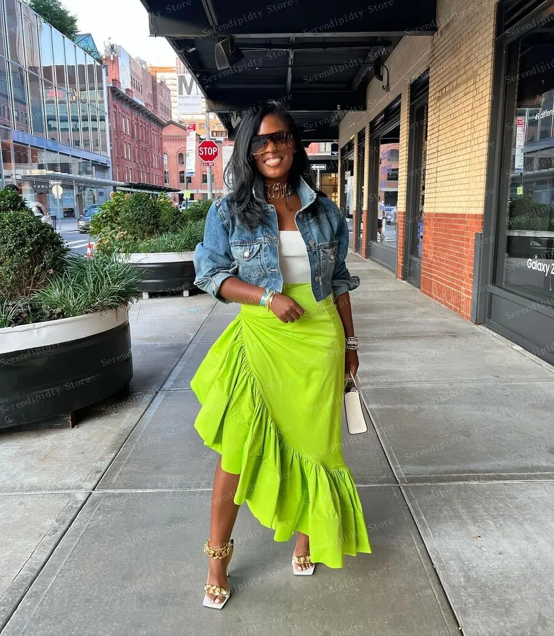 High-waist Satin Skirts Ruffles Bright Green Asymmetry High Low Skirt Ruffled Custom Made Women Clothing Ever Pretty Skirt