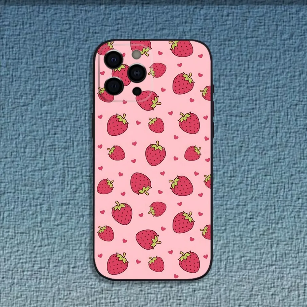 Red Strawberry Fruit Pattern Phone Case For iPhone 16,15,14,13,12,11,Pro,X,XS,Max,XR,Plus,Mini Soft Black Cover image 3