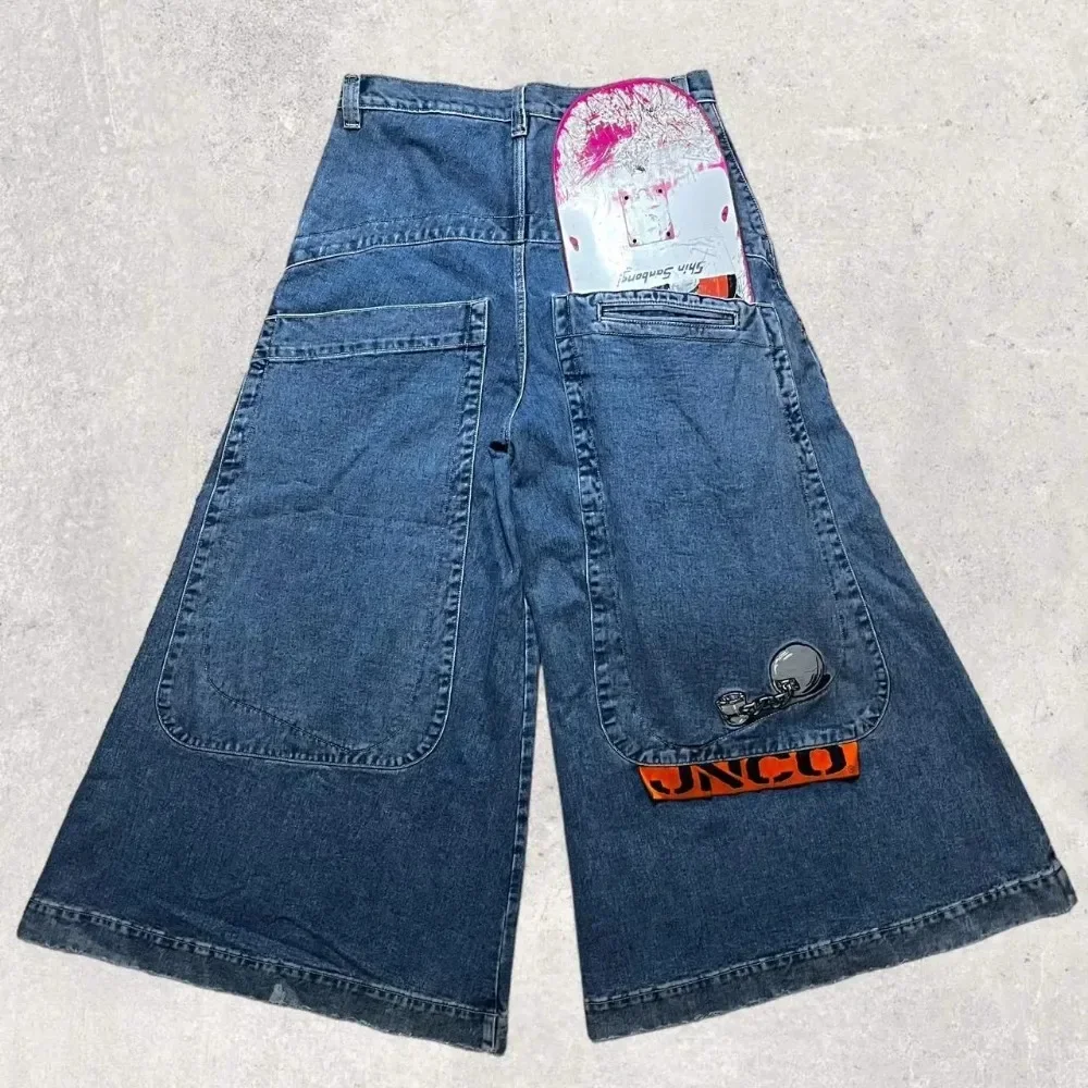 Harajuku Hip Hop Streetwear JNCO Baggy Jeans Wide Leg Trousers Y2K Men Retro Pockets Blue Vintage Baggy Jeans Gothic Denim Pants