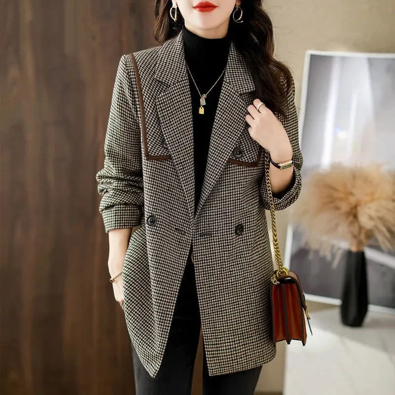 Autumn Winter Oversized Office Lady Elegant Fashion lattice Blazer Outwear Women Loose Casual All-match Woolen Suit