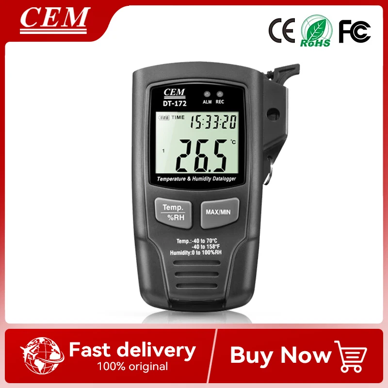 CEM DT-172 مسجل بيانات درجة الحرارة والرطوبة مع سجل 32000 صوت البيانات وإنذار الضوء للمستودعات/البناء/المختبر/النقل