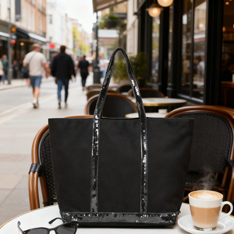 

French Sequined Canvas Bag Fashion Brand Simple Shoulder Bag Casual Versatile Tote Bag Retro Zipper Handbag Commuter Travel Bag