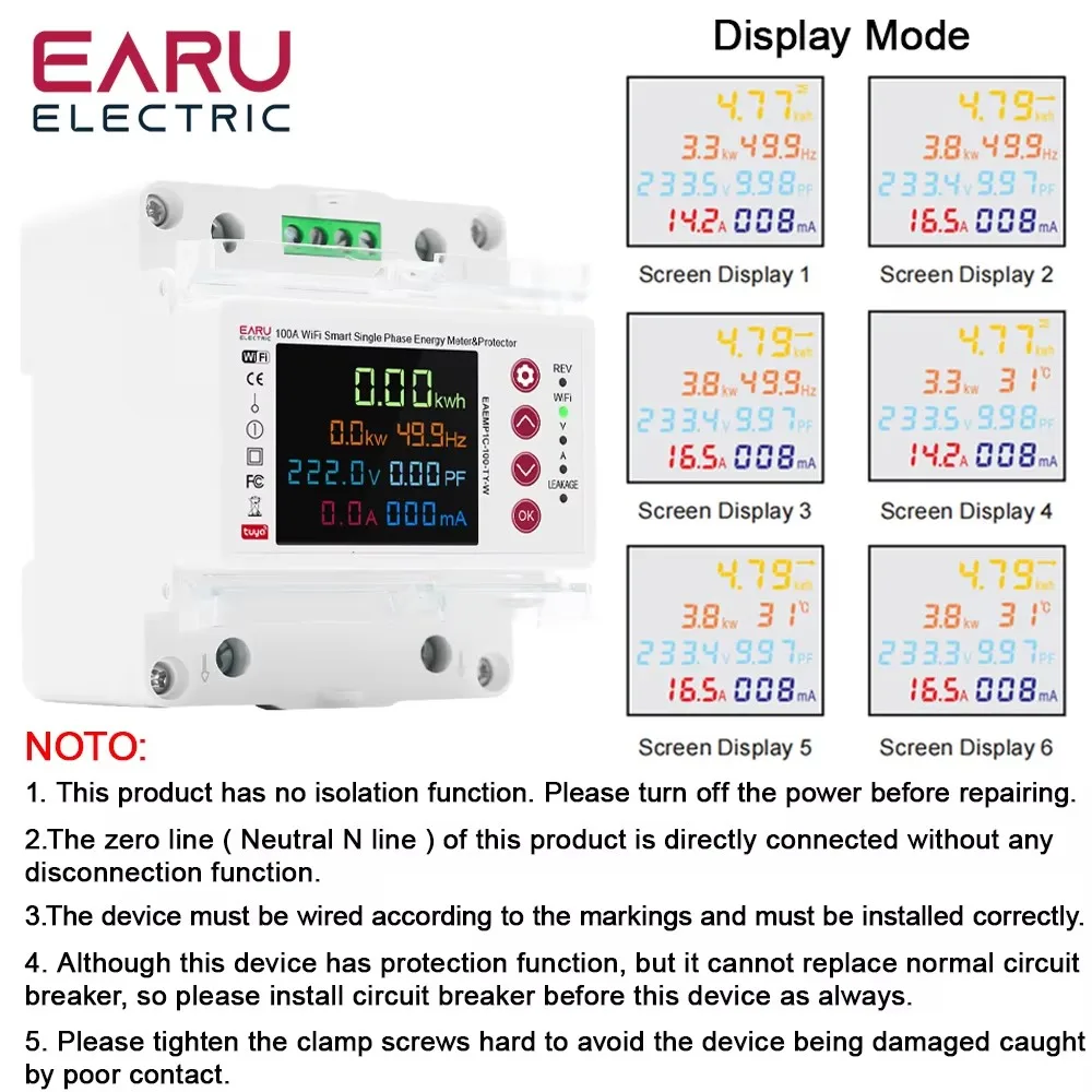 2P 100A Tuya Wifi Smart Bi-Directional Volmeter Ammeter kWh Energy Meter Leakage Protection Timer Switch Relay Power Monitor