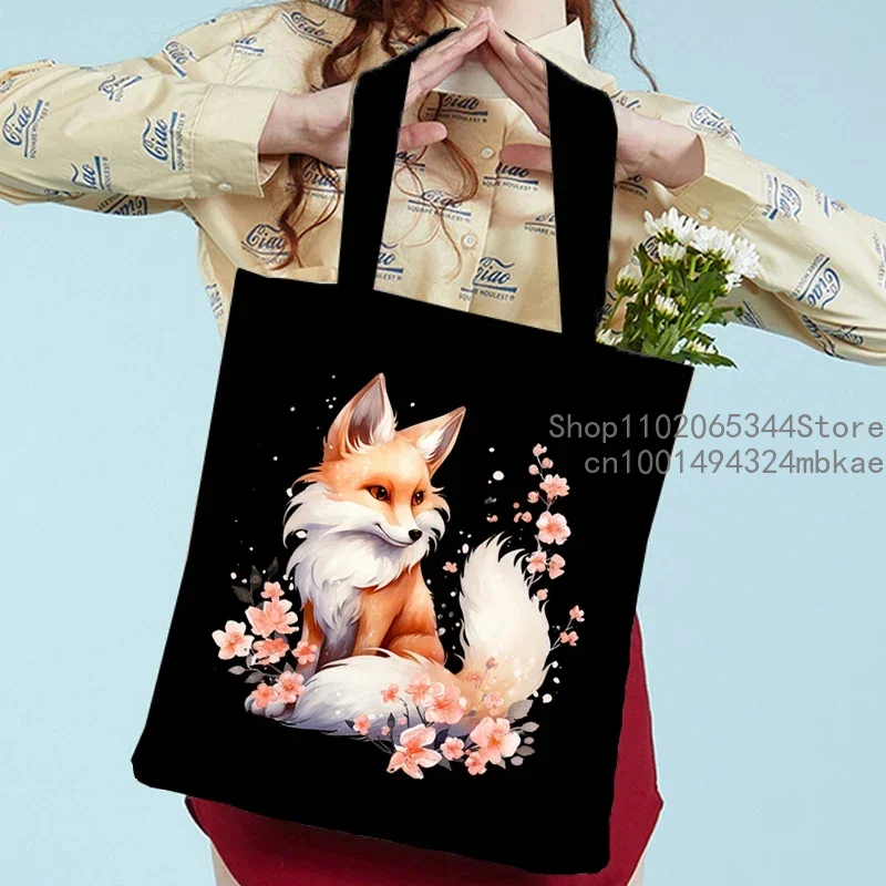 Watercolor Animals Print Shoulder Bag Women Men Cartoon Fox Tote Bags Casual Large-capacity Teen Shopping Bag Canvas Handbag