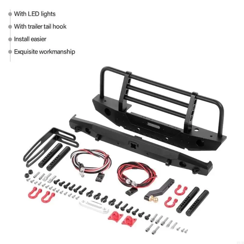 

R9JD Metal Rear Front Bumper with 4 LED Light Trailer Tail Hook Winch Mount for SCX10 90047 90046 4WD 1/10 Crawlers Car