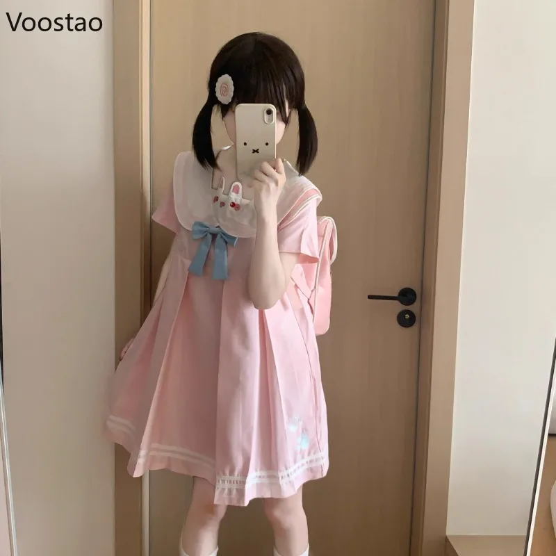 Rosa Kleid im Lolita-Stil, japanische Frauen, Kawaii-Cartoon, Hasenohren, Schleife, Matrosenkragen, Partykleider, süßes Mädchen, süßes Prinzessinnenkleid