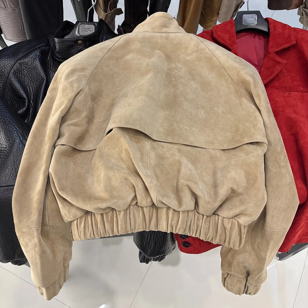 YOLOAgain Suede Leather Jacket Coat Women Real Leather Cropped Jacket Bomber Jacket
