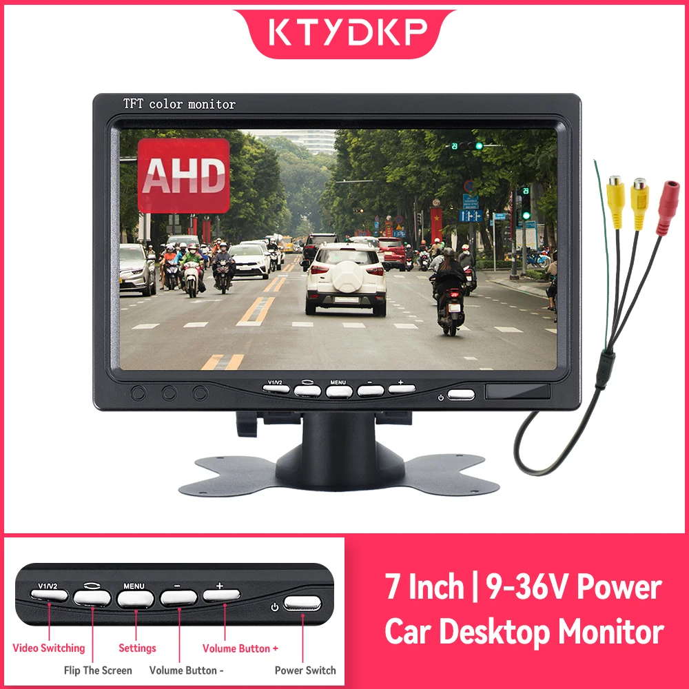 

KTYDKP 7" Car AHD Monitor Screen with 2 Way Video Input 7 Inch TFT LCD Display 1024*600 for Vehicle Rear View Camera Parking